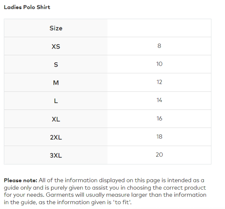 Cool Polo - Women's Fit - Yellow - Size Guide