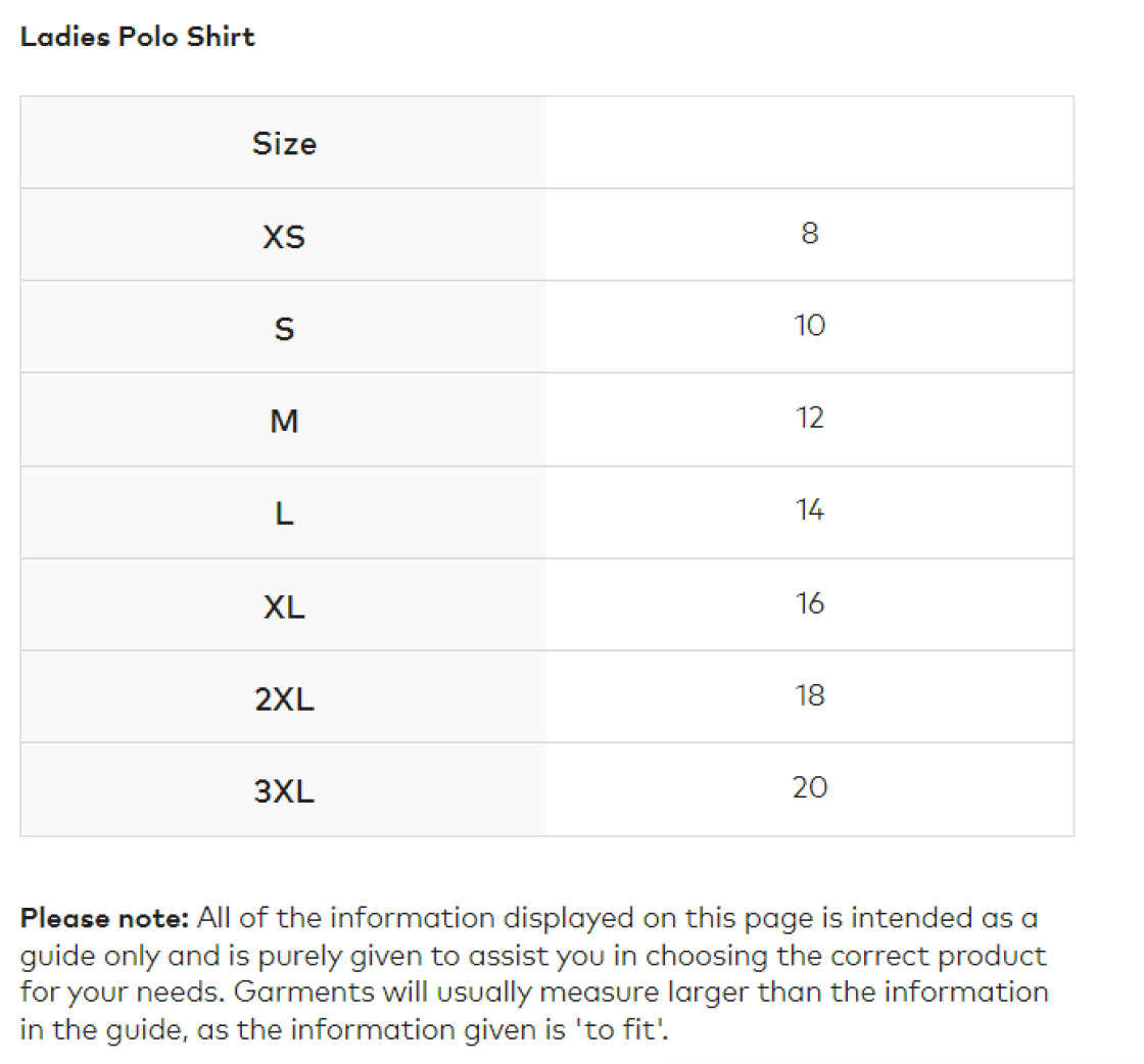 Cool Polo - Women's Fit - Yellow - Size Guide